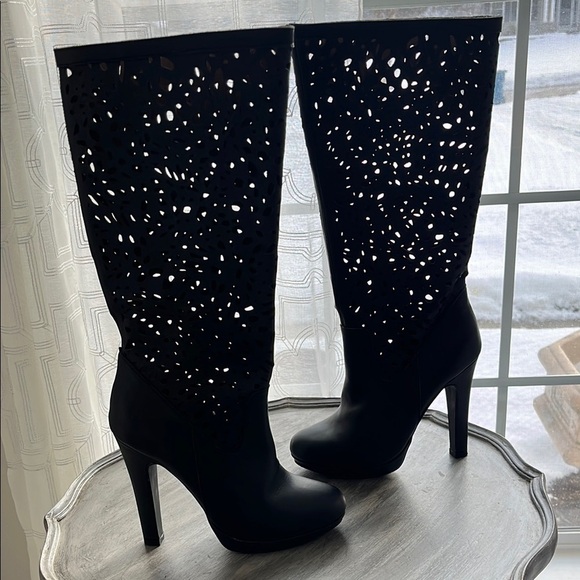 Colin Stuart leather Black Cutout Knee-High tall platform heeled Boots size 7 - Picture 1 of 14